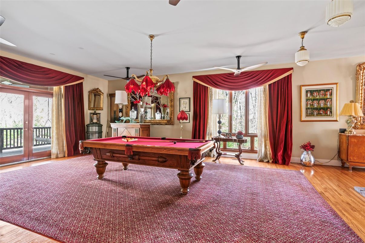 Billiard Table, Chandelier, Game Room, Interior, Pendant Lights, Wood Texture Flooring