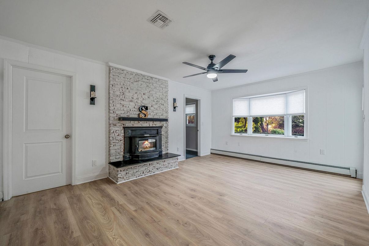 Empty room, Fireplace, Interior, Stone Walls, Wood Texture Flooring