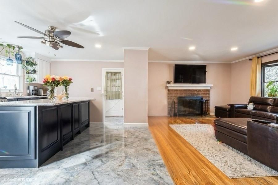 Fireplace, Interior, Kitchen, Living room, Recessed Lighting, Wood Texture Flooring