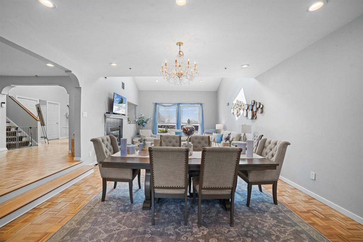 Chandelier, Dining room, Fireplace, Interior, Recessed Lighting, Wood Texture Flooring