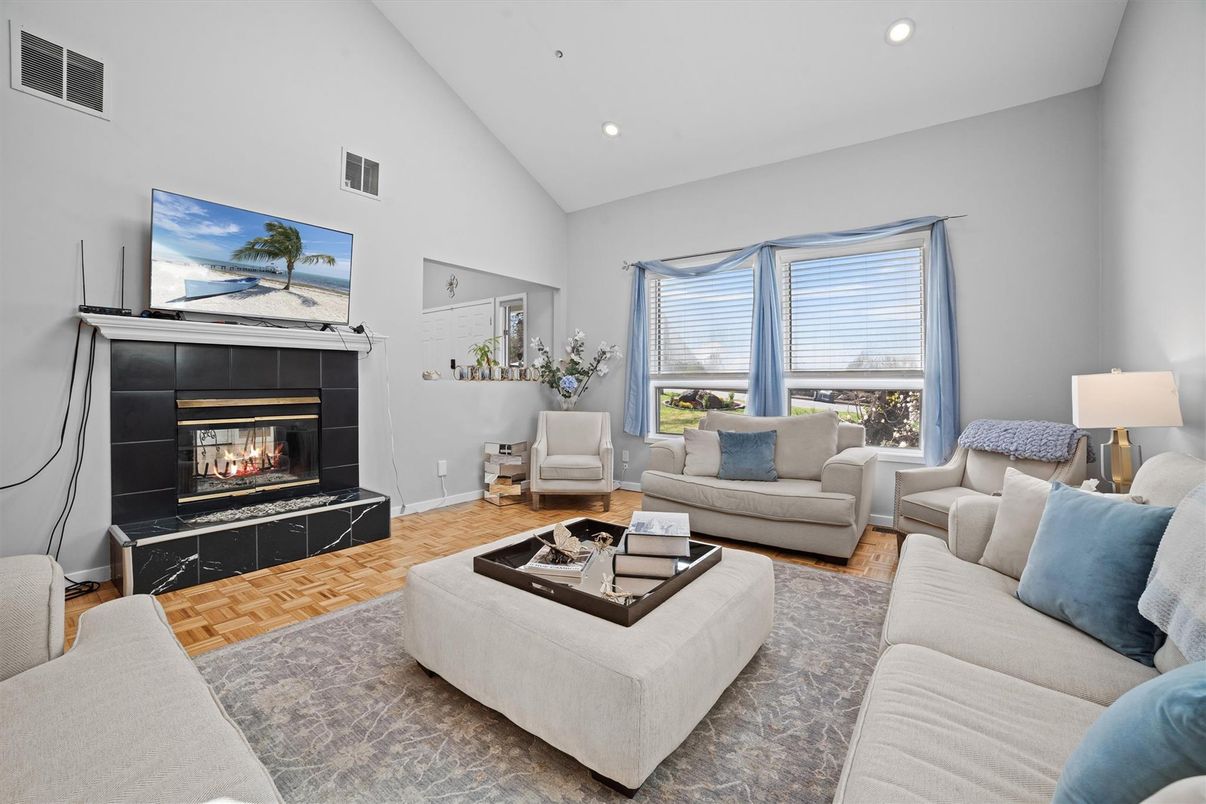 Fireplace, Interior, Living room, Recessed Lighting, Wood Texture Flooring
