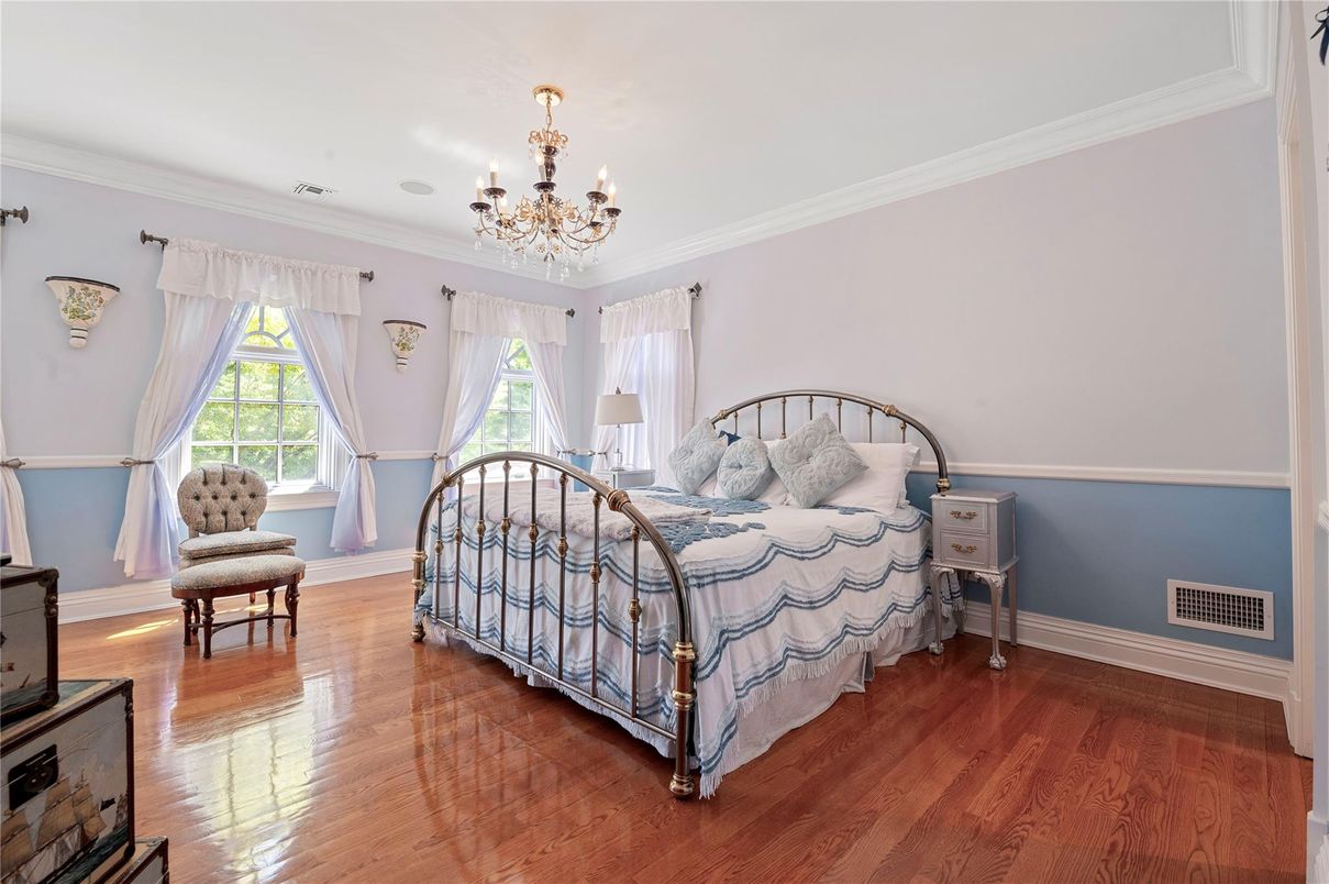 Bedroom, Chandelier, Interior, Wood Texture Flooring