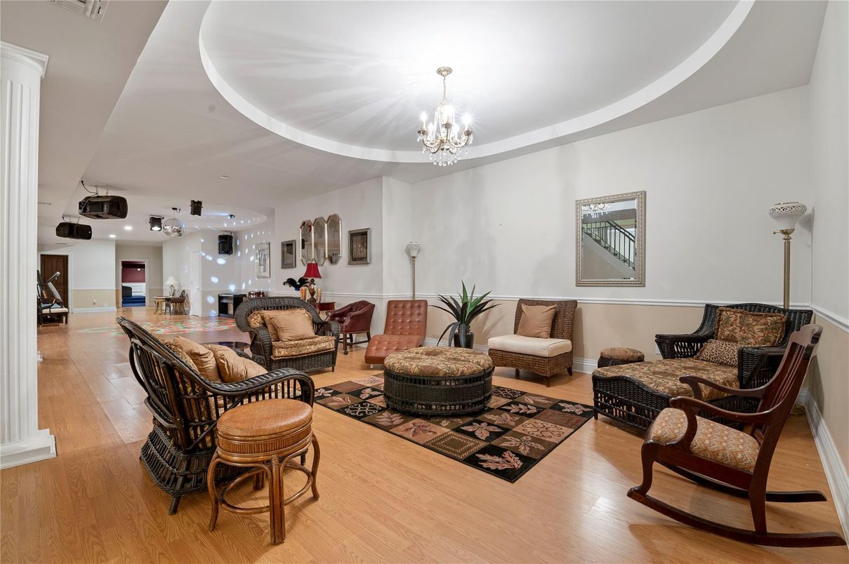 Chandelier, Interior, Living room, Recessed Lighting, Wood Texture Flooring