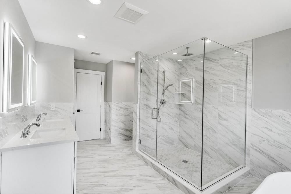 Bathroom, Glass Shower, Interior, Marble, Marble Walls, Recessed Lighting