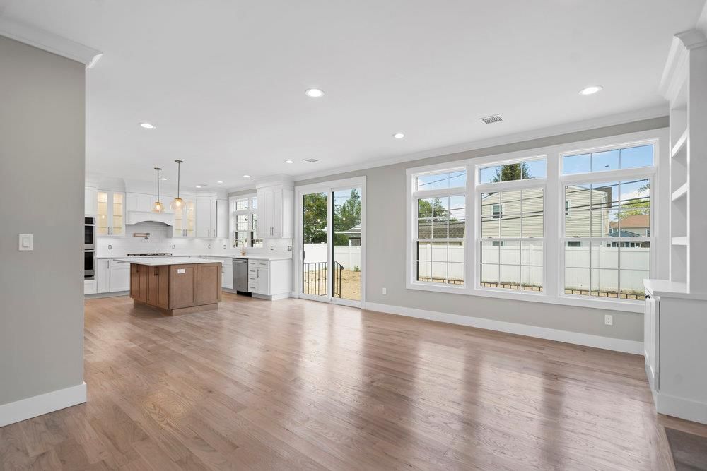 Empty room, Interior, Kitchen, Pendant Lights, Recessed Lighting, Wood Texture Flooring