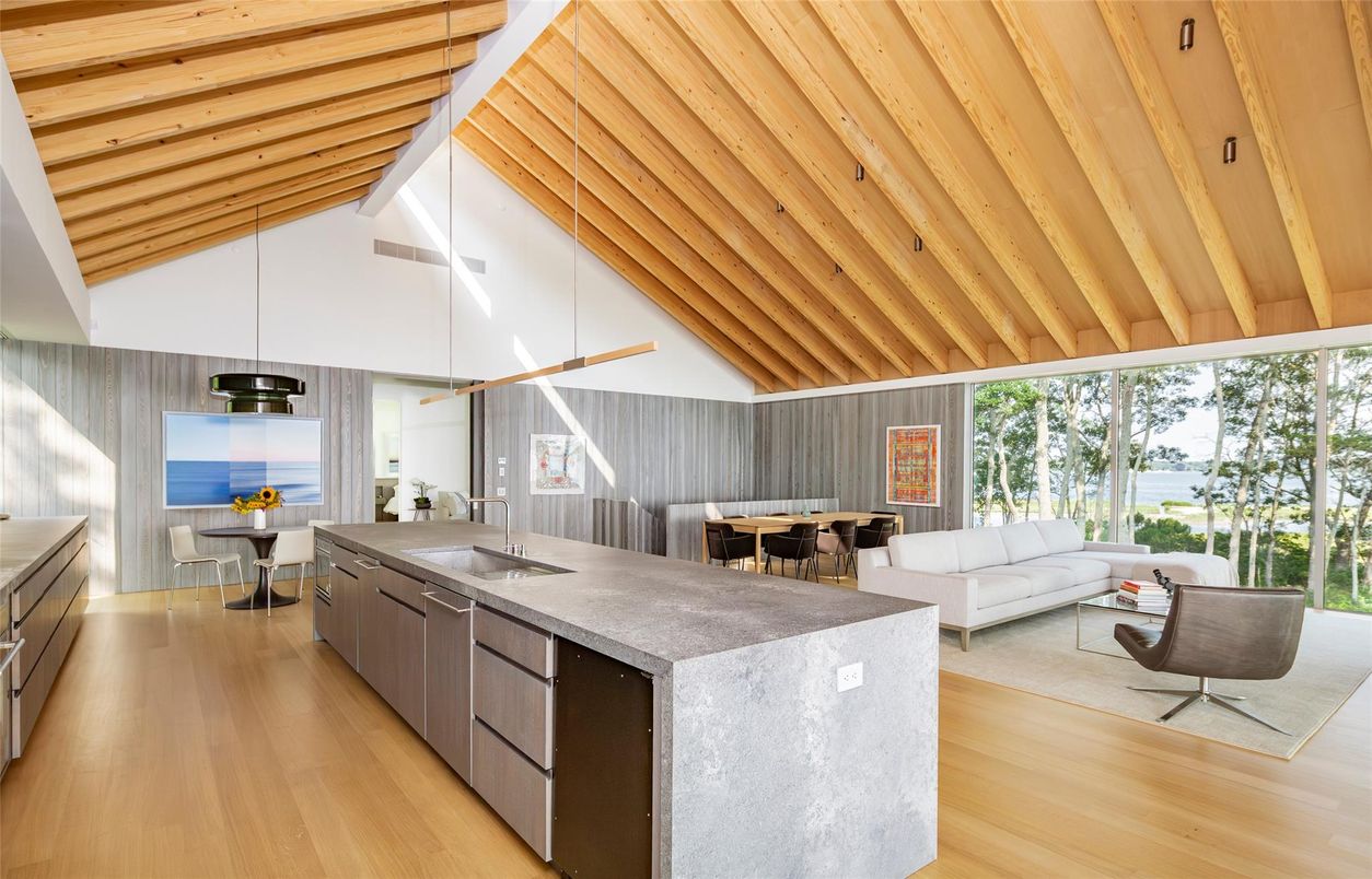 Dining room, Interior, Kitchen, Living room, Pendant Lights, Water, Wooden Beams, Wooden Ceilings, Wood Texture Flooring
