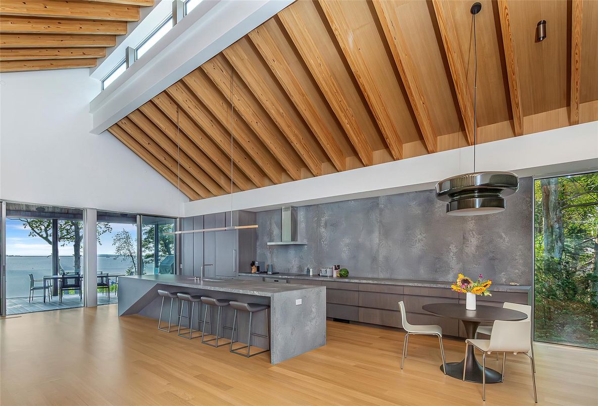 Dining room, Interior, Kitchen, Pendant Lights, Water, Wooden Beams, Wooden Ceilings, Wood Texture Flooring