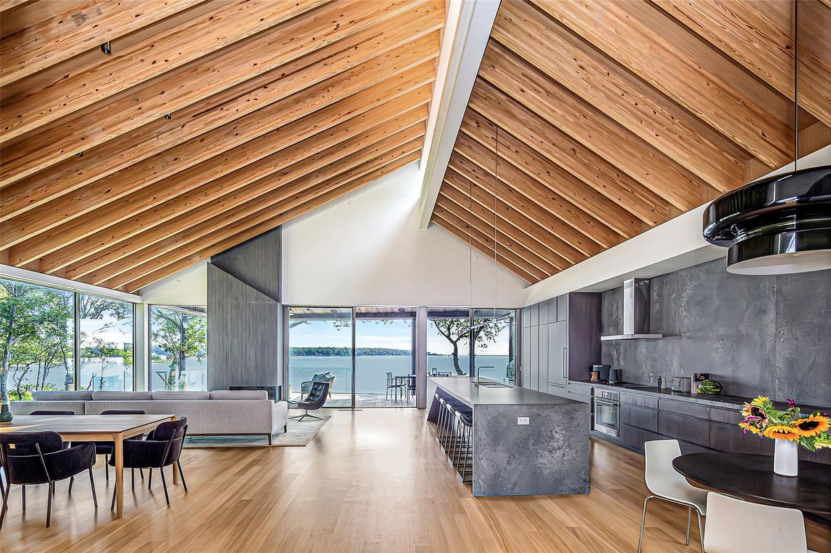 Dining room, Interior, Kitchen, Pendant Lights, Water, Wooden Beams, Wooden Ceilings, Wood Texture Flooring