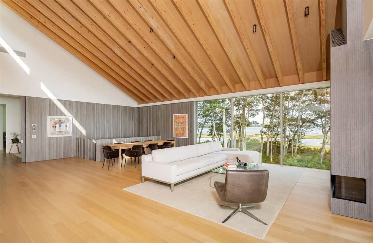 Dining room, Fireplace, Interior, Living room, Water, Wooden Beams, Wooden Ceilings, Wood Texture Flooring