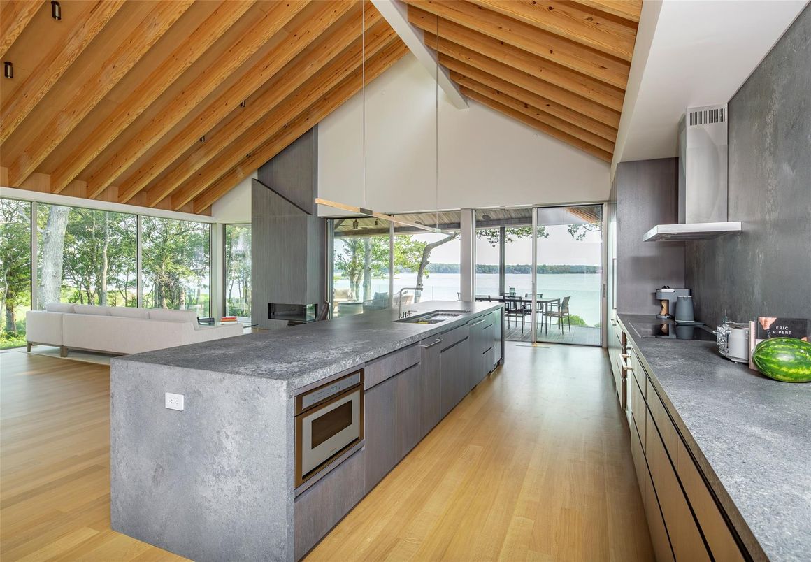 Interior, Kitchen, Pendant Lights, Stainless Steel Appliances, Water, Wooden Beams, Wooden Ceilings, Wood Texture Flooring