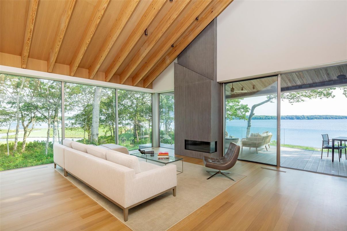 Fireplace, Interior, Living room, Sun Room, Water, Wooden Beams, Wooden Ceilings, Wood Texture Flooring