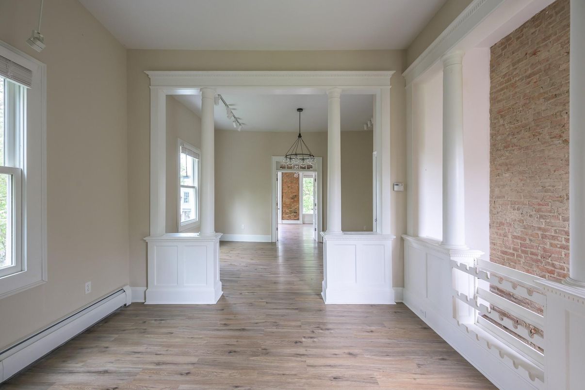 Empty room, Interior, Pendant Lights, Stone Walls, Wood Texture Flooring