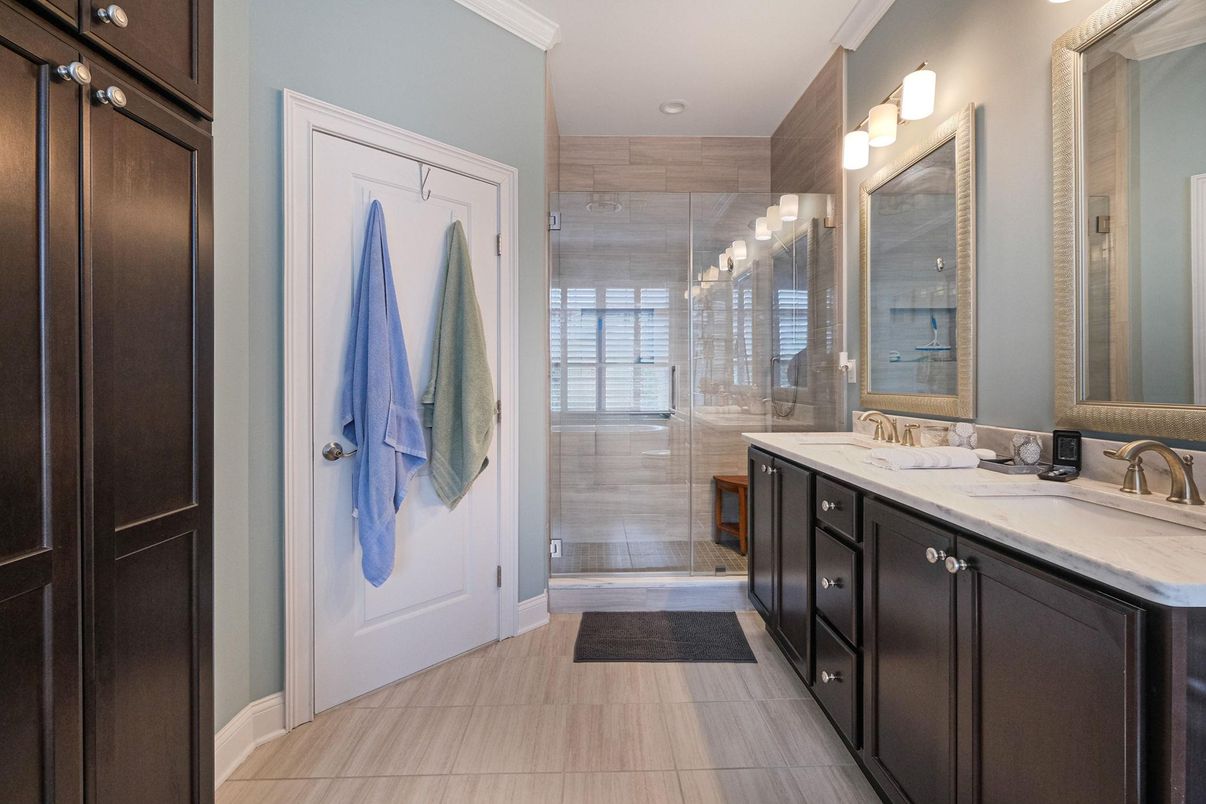 Bathroom, Dual Sink Vanities, Glass Shower, Interior, Recessed Lighting