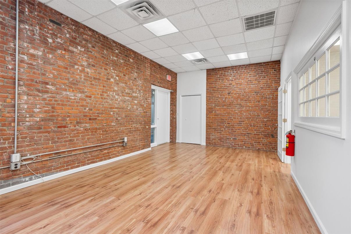 Empty room, Interior, Recessed Lighting, Stone Walls, Wood Texture Flooring