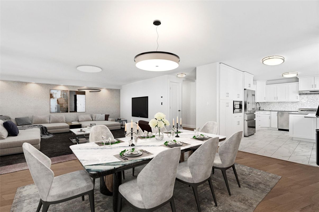 Dining room, Interior, Kitchen, Living room, Pendant Lights, Stainless Steel Appliances, Wood Texture Flooring
