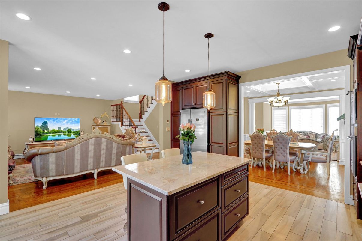 Chandelier, Dining room, Interior, Kitchen, Living room, Pendant Lights, Recessed Lighting, Wood Texture Flooring