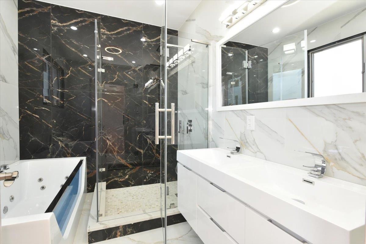Bathroom, Glass Shower, Interior, Marble Walls, Recessed Lighting