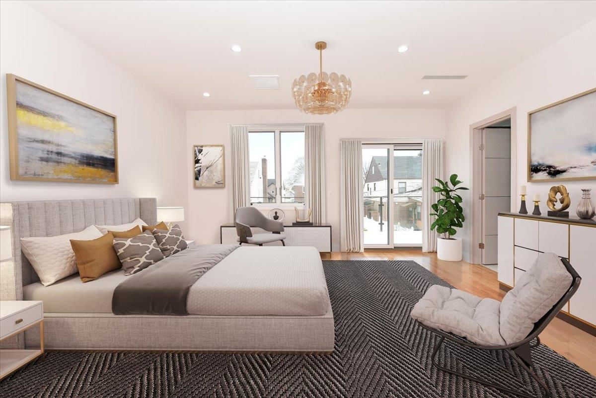 Bedroom, Chandelier, Interior, Recessed Lighting, Wood Texture Flooring