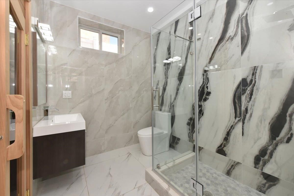Bathroom, Glass Shower, Interior, Marble, Marble Walls, Recessed Lighting
