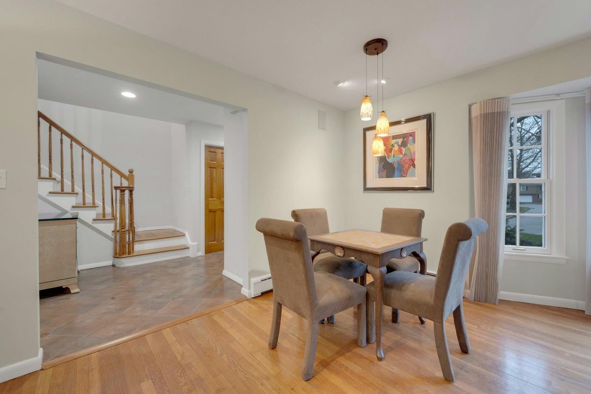Dining room, Interior, Pendant Lights, Recessed Lighting, Wood Texture Flooring