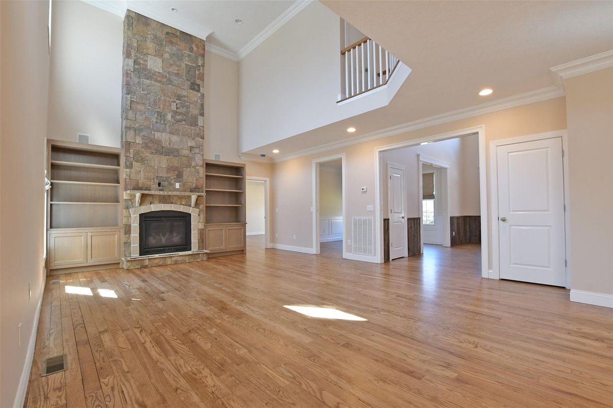 Fireplace, Interior, Recessed Lighting, Wood Texture Flooring