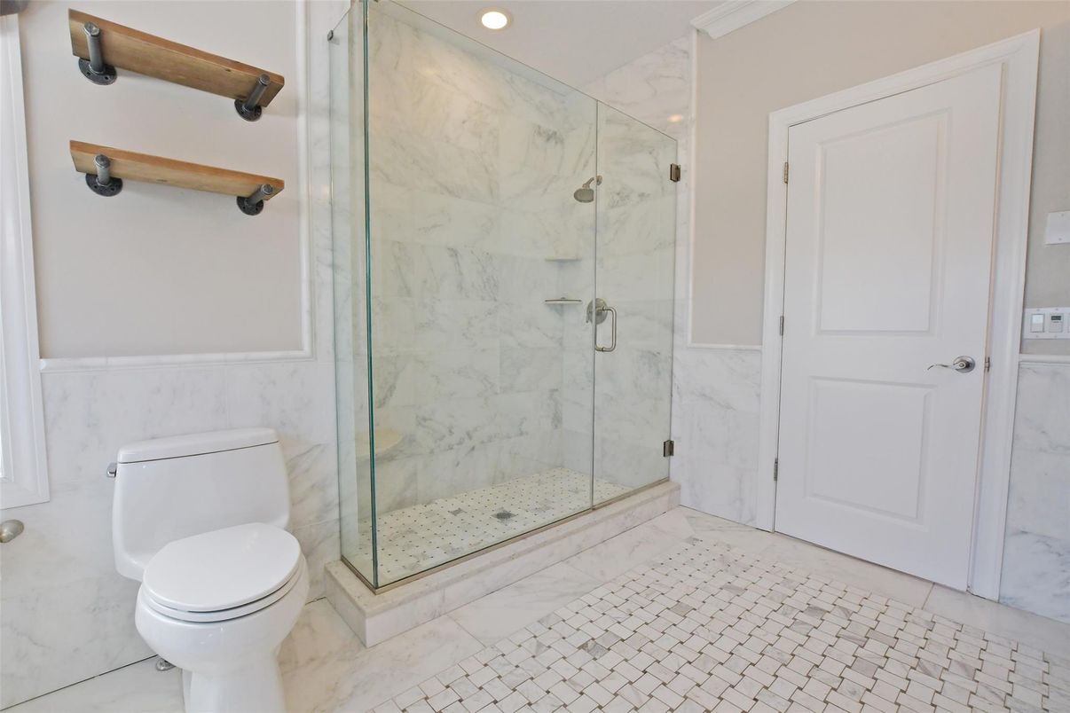 Bathroom, Glass Shower, Interior, Marble, Marble Walls, Recessed Lighting
