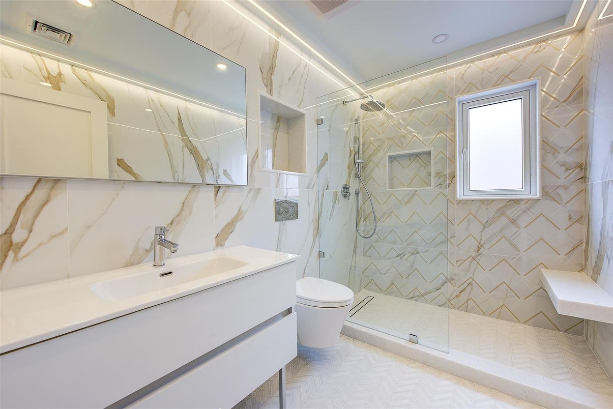 Bathroom, Glass Shower, Interior, Marble Walls, Recessed Lighting