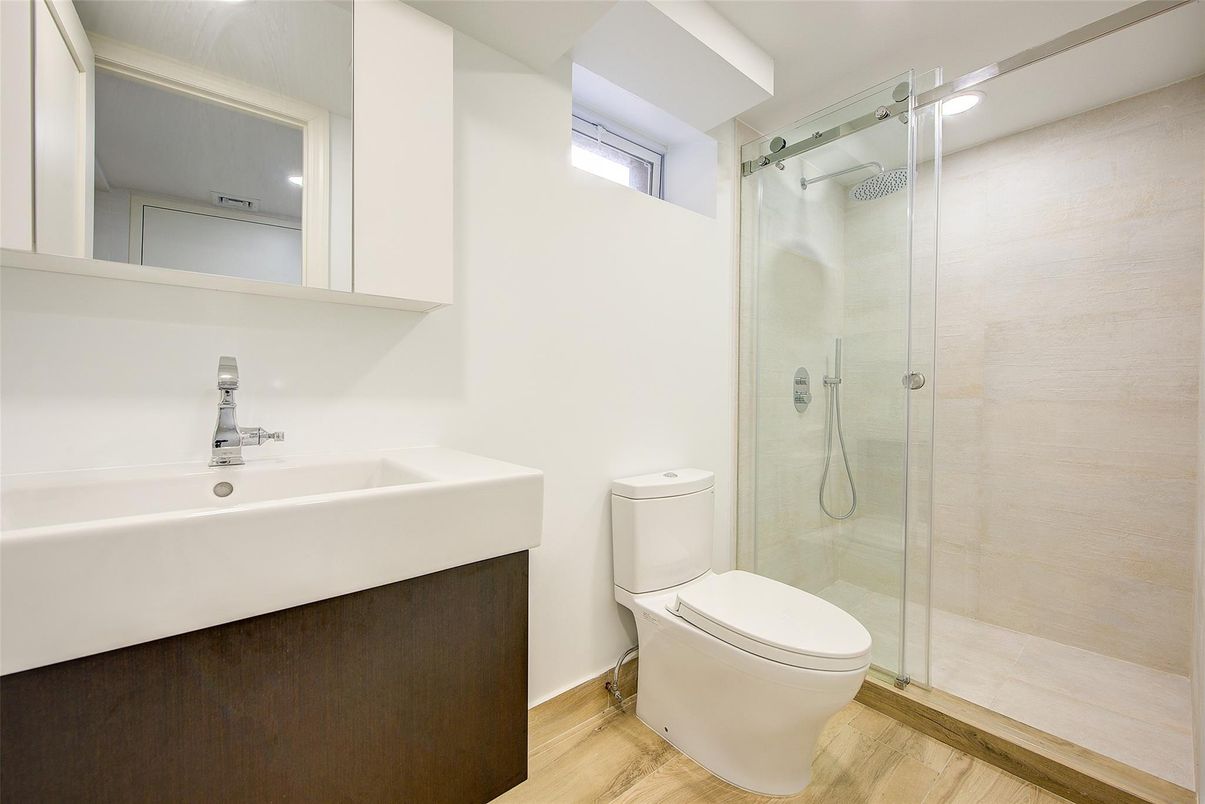 Bathroom, Glass Shower, Interior, Recessed Lighting, Wood Texture Flooring