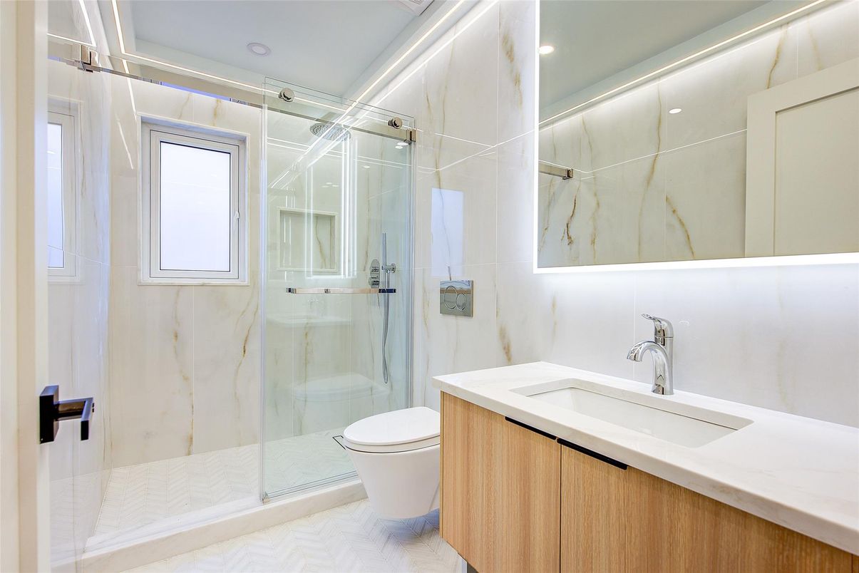 Bathroom, Glass Shower, Interior, Marble Walls, Recessed Lighting