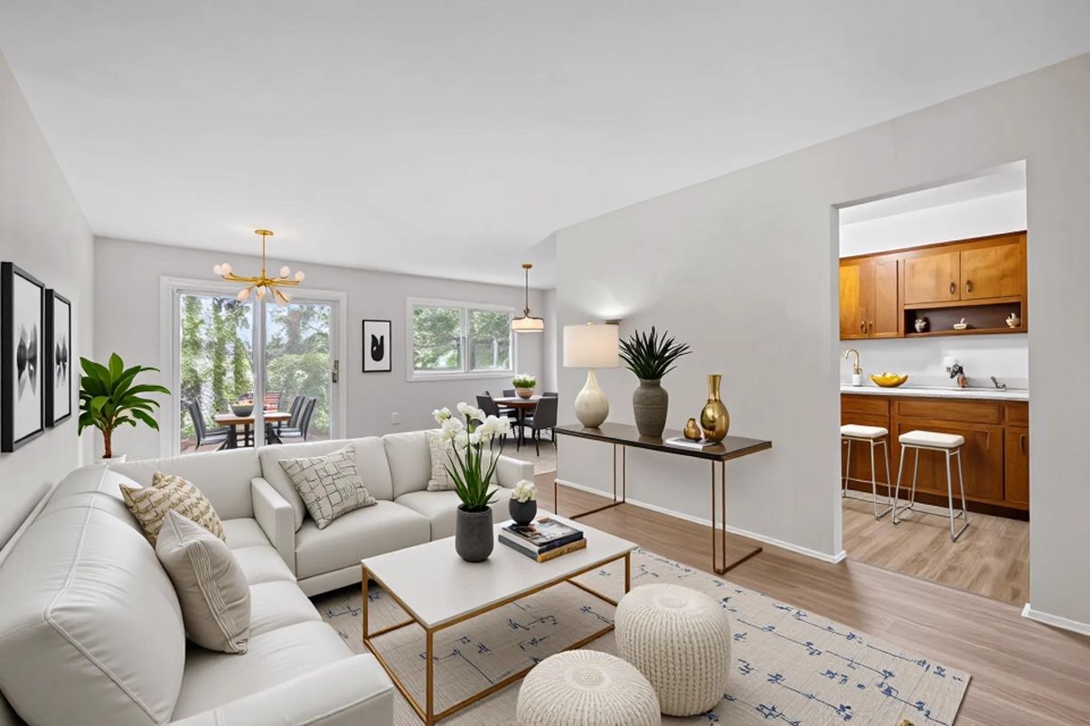 Dining room, Interior, Living room, Pendant Lights, Wood Texture Flooring