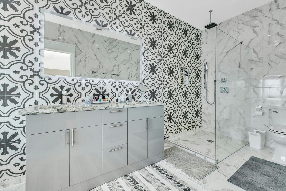 Bathroom, Dual Sink Vanities, Glass Shower, Interior, Marble, Marble Walls