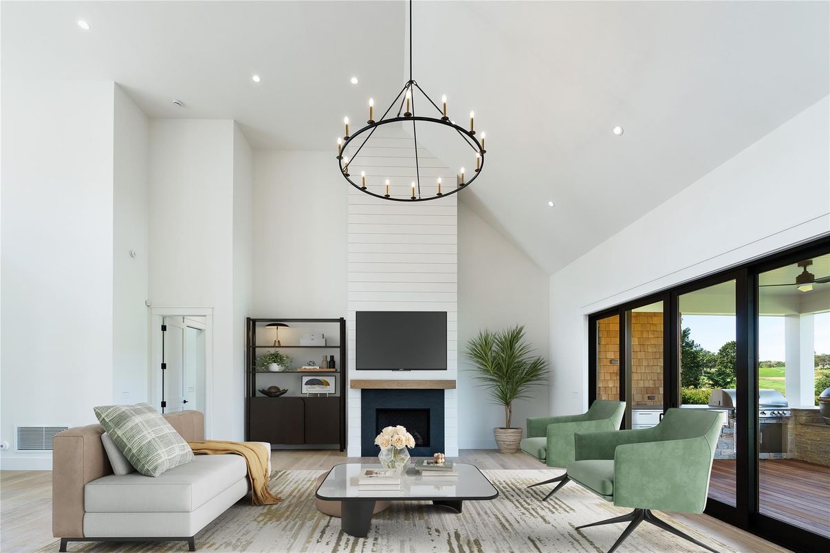 Fireplace, Interior, Living room, Pendant Lights, Recessed Lighting, Wood Texture Flooring