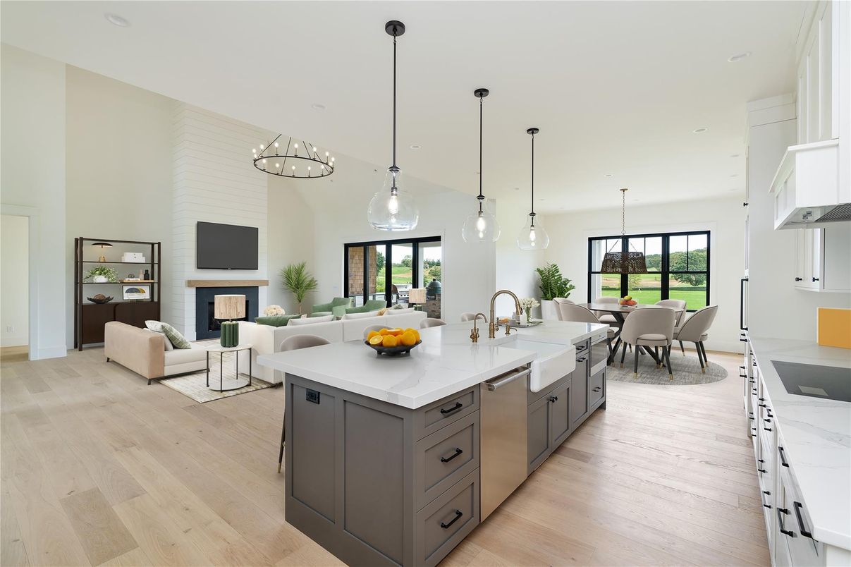 Chandelier, Dining room, Fireplace, Interior, Kitchen, Living room, Pendant Lights, Stainless Steel Appliances, Wood Texture Flooring