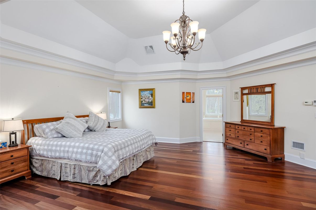 Bedroom, Chandelier, Interior, Wood Texture Flooring