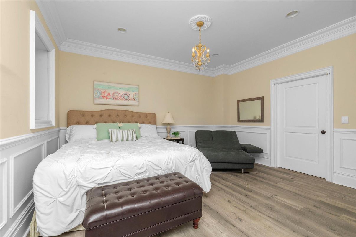 Bedroom, Chandelier, Interior, Recessed Lighting, Wood Texture Flooring