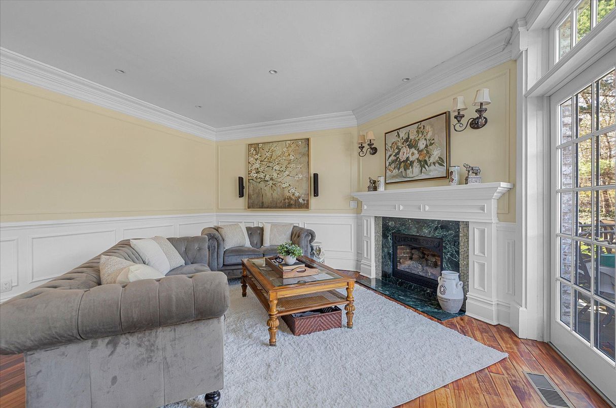 Fireplace, Interior, Living room, Recessed Lighting, Wood Texture Flooring