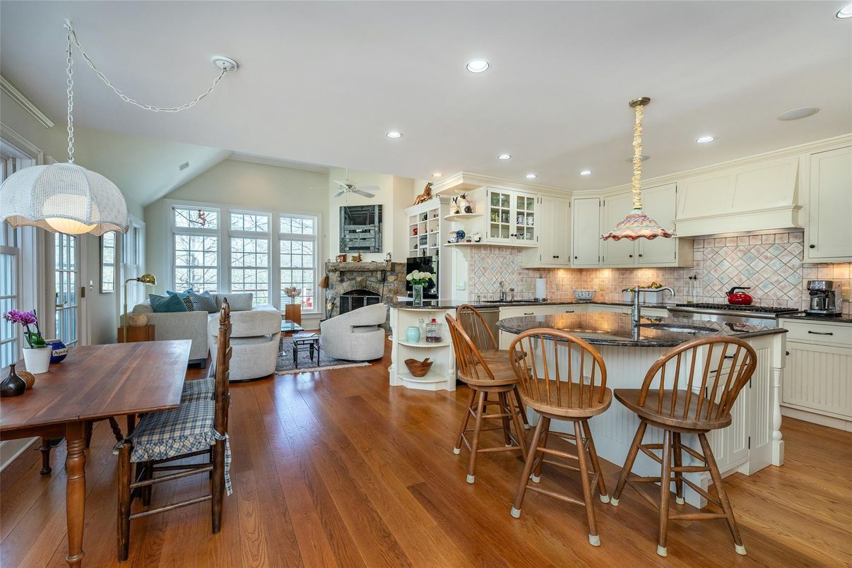 Dining room, Fireplace, Interior, Kitchen, Living room, Pendant Lights, Recessed Lighting, Wood Texture Flooring
