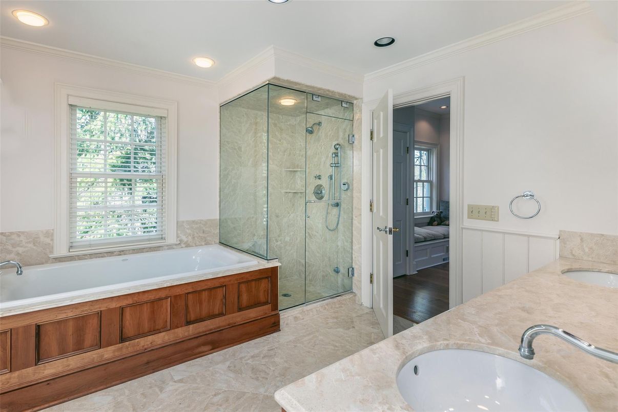 Bathroom, Dual Sink Vanities, Glass Shower, Interior, Recessed Lighting