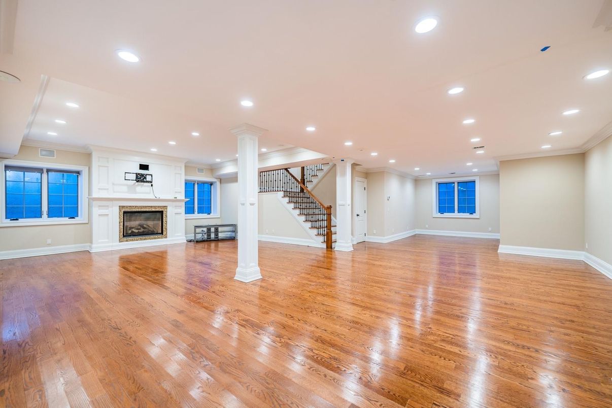 Empty room, Fireplace, Interior, Recessed Lighting, Wood Texture Flooring