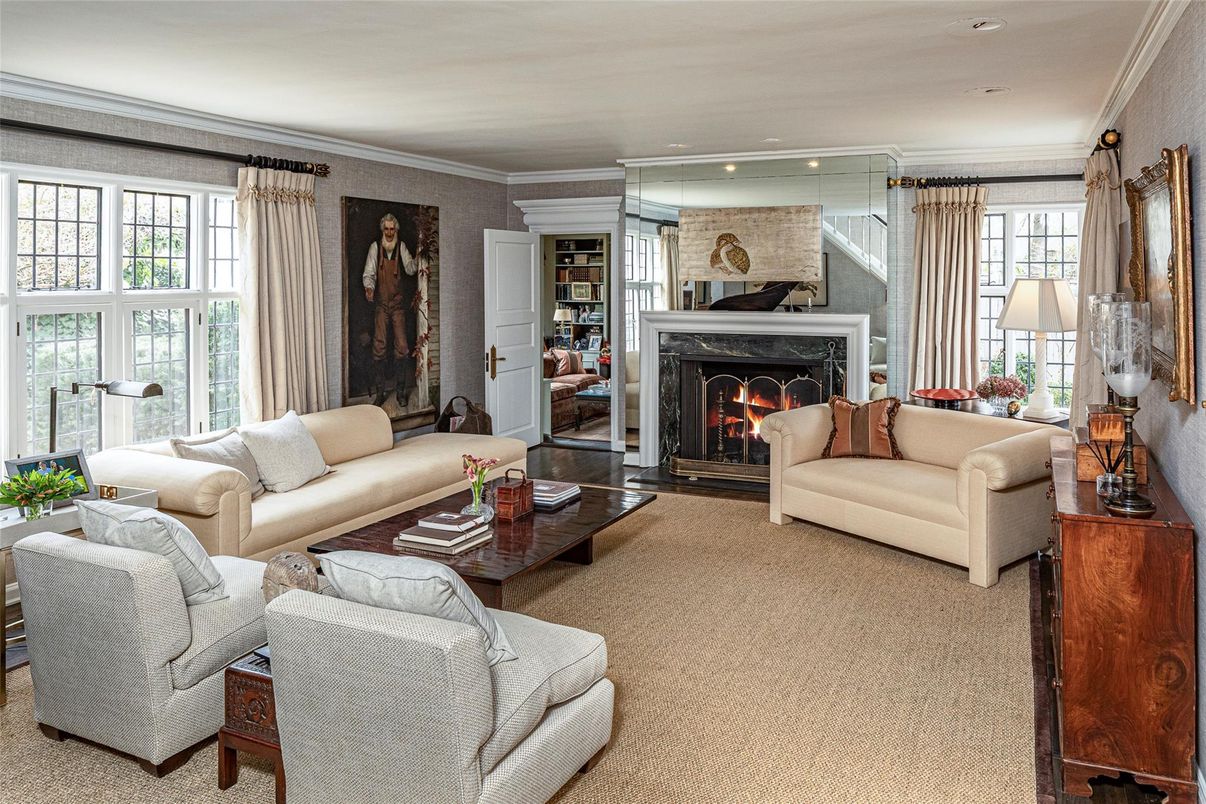 Fireplace, Interior, Living room, Recessed Lighting, Stone Walls