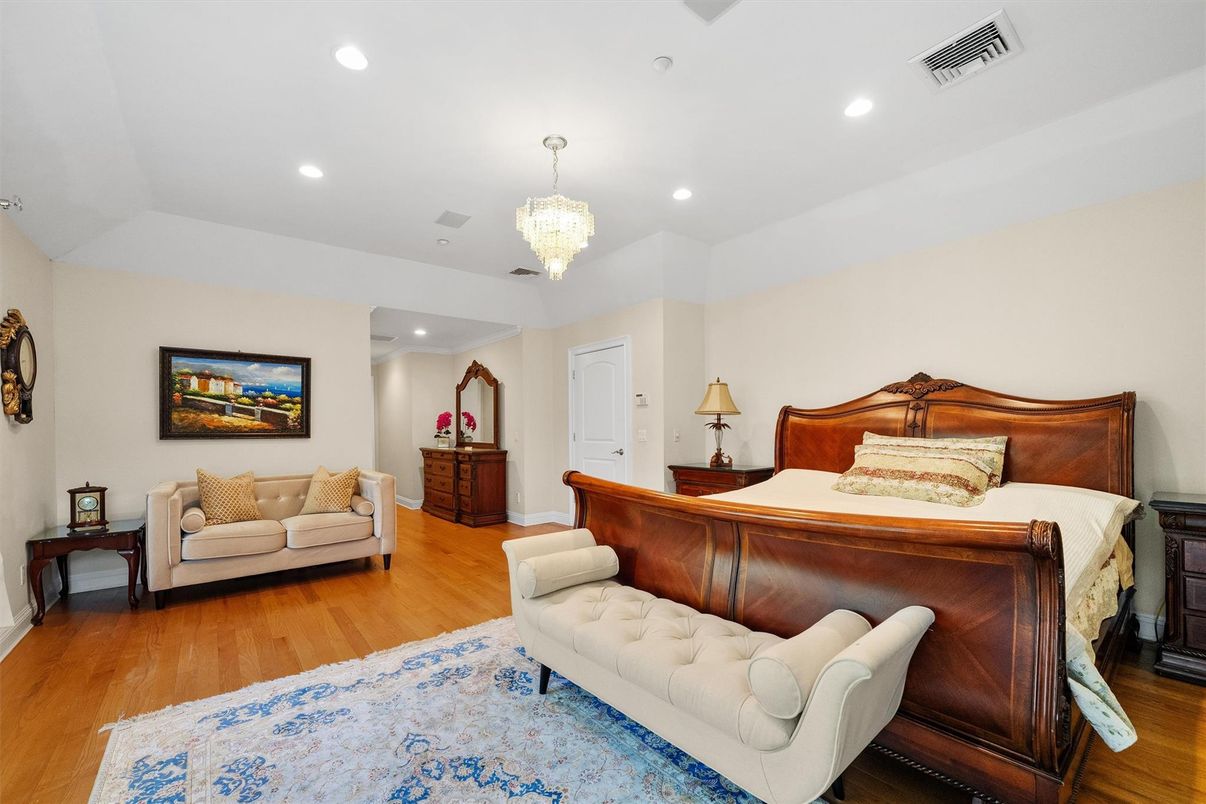 Bedroom, Chandelier, Interior, Recessed Lighting, Wood Texture Flooring