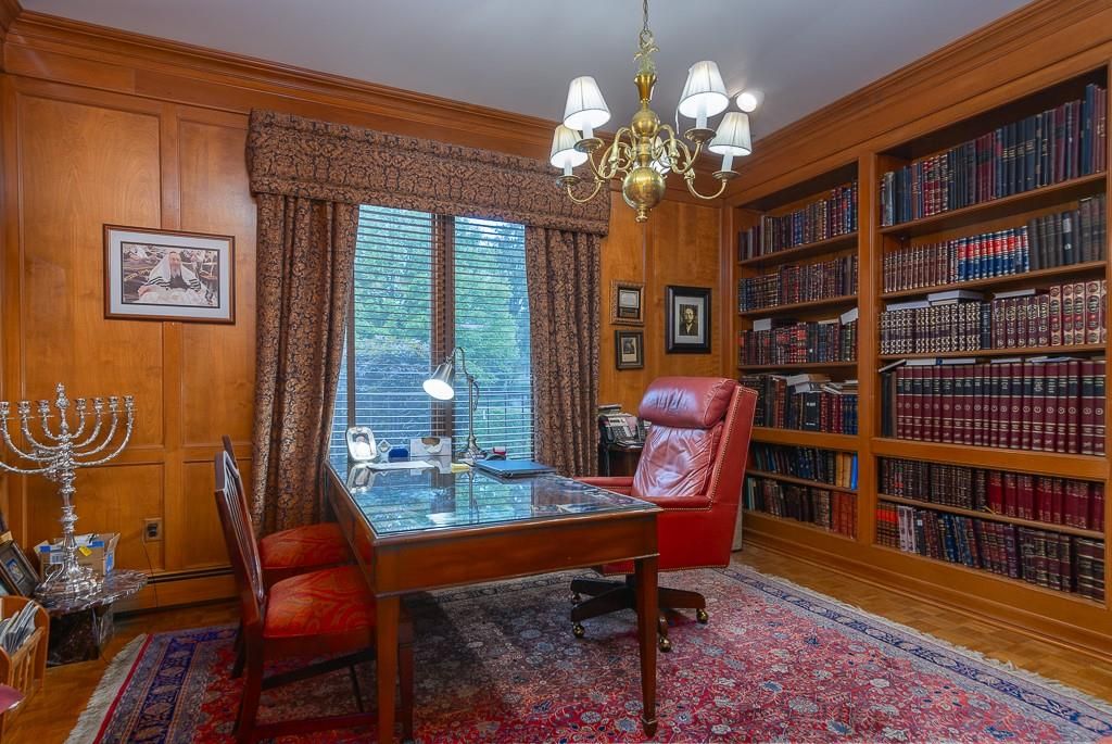 Chandelier, Home Office, Interior, Wood Texture Flooring, Wooden Walls