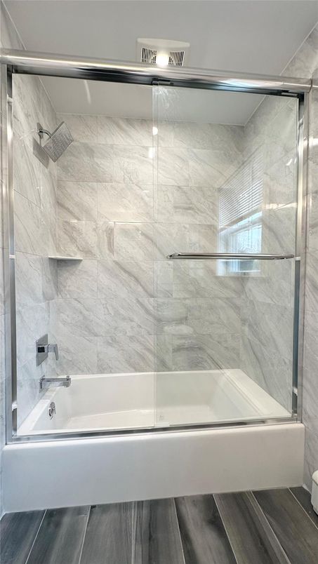 Bathroom, Glass Shower, Interior, Marble Walls, Wood Texture Flooring