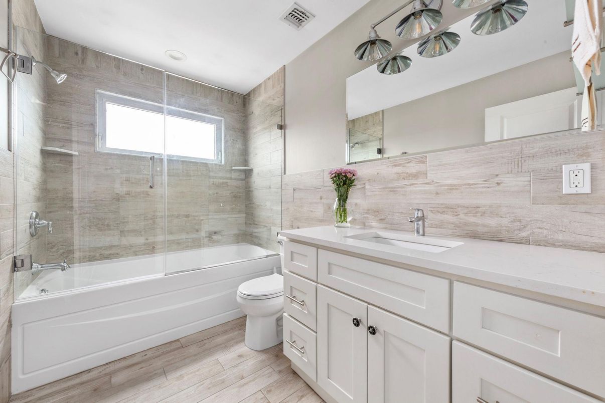 Bathroom, Glass Shower, Interior, Wood Texture Flooring