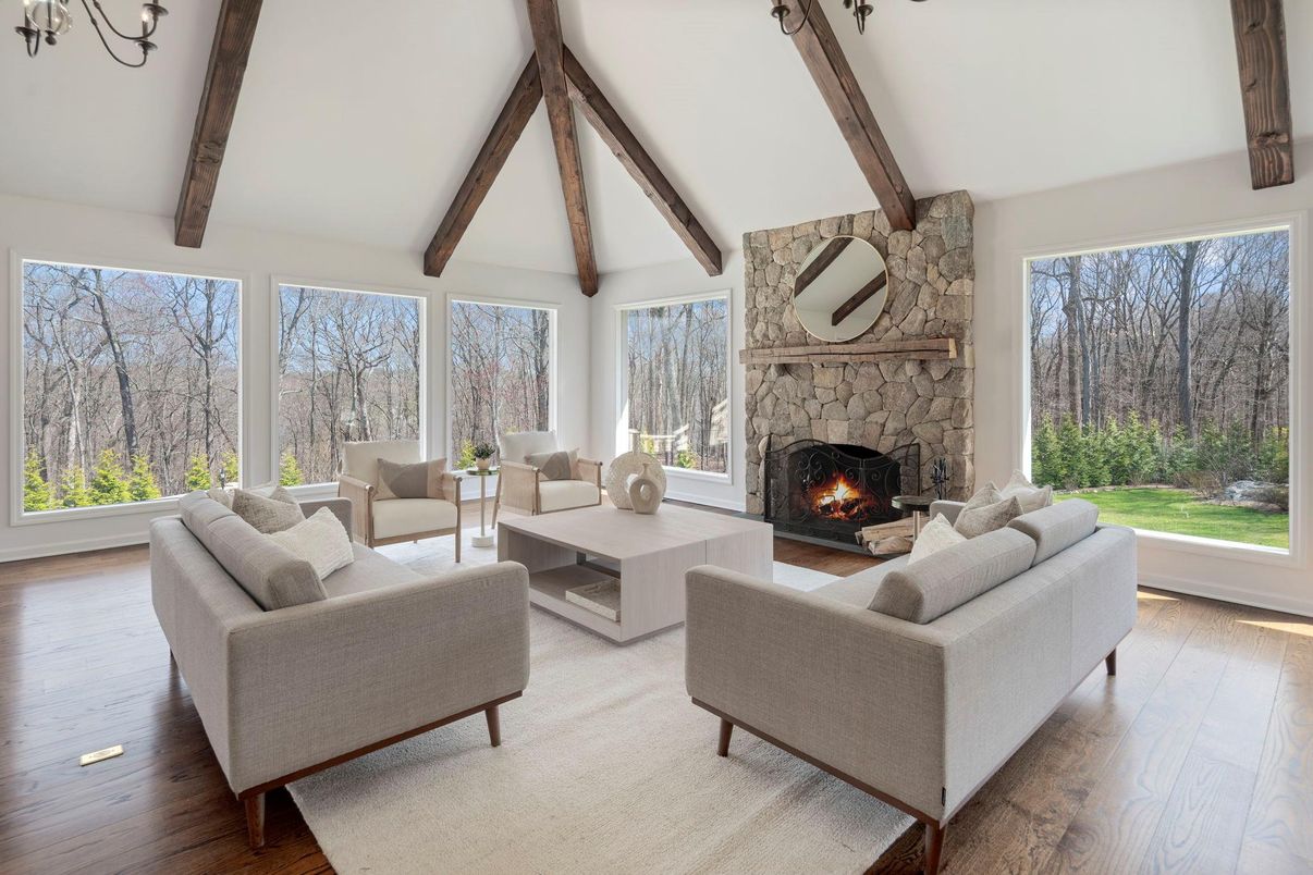 Fireplace, Interior, Living room, Stone Walls, Wooden Beams, Wood Texture Flooring