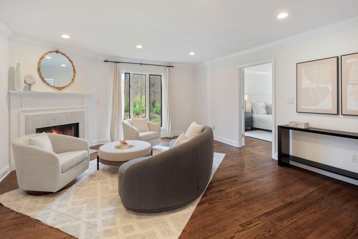 Bedroom, Fireplace, Interior, Living room, Recessed Lighting, Wood Texture Flooring