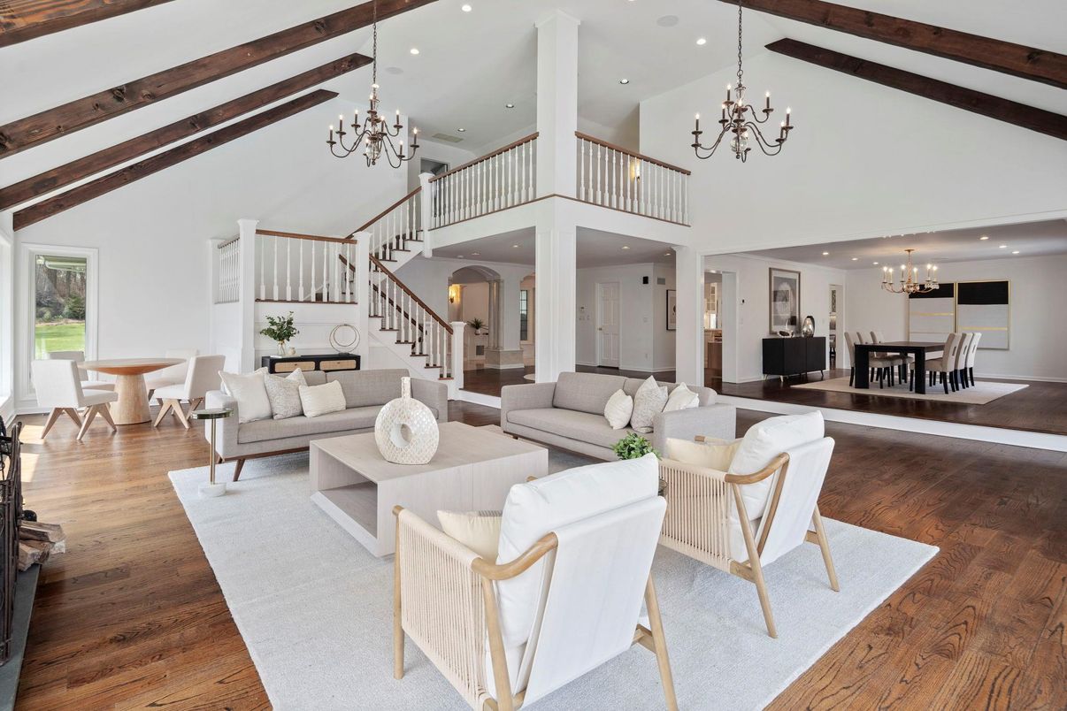 Chandelier, Dining room, Interior, Living room, Recessed Lighting, Wooden Beams, Wood Texture Flooring