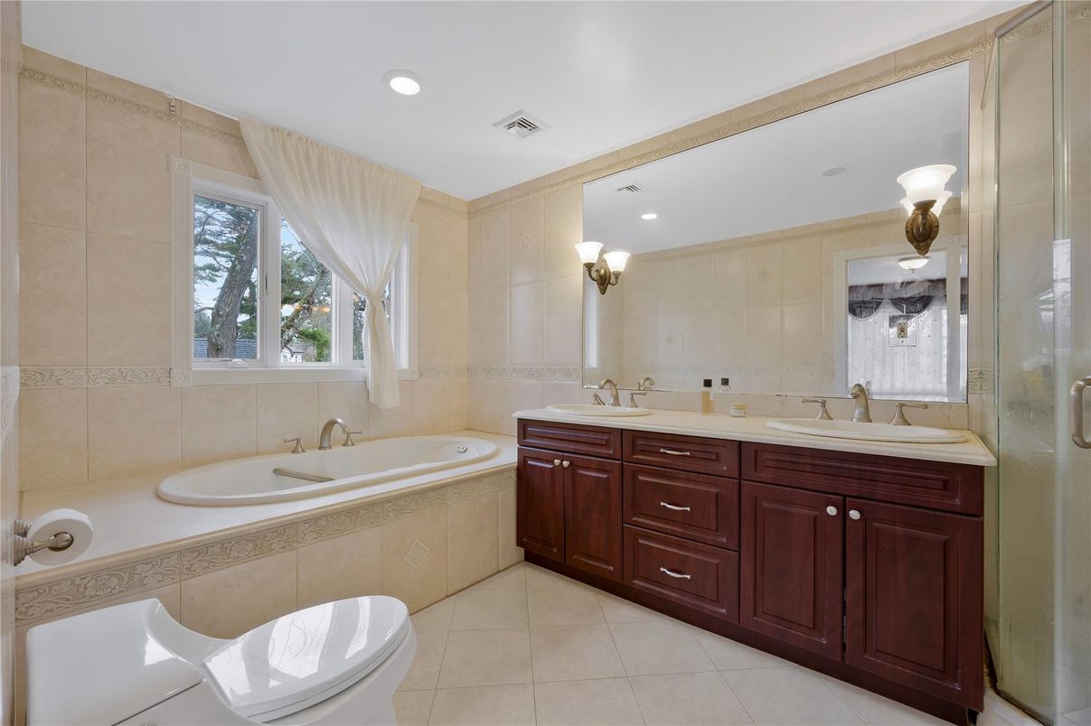 Bathroom, Dual Sink Vanities, Glass Shower, Interior, Recessed Lighting