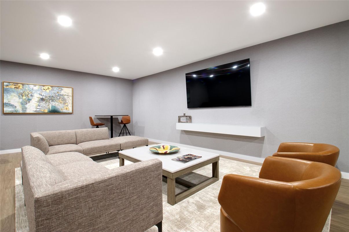 Dining room, Interior, Living room, Recessed Lighting, Wood Texture Flooring
