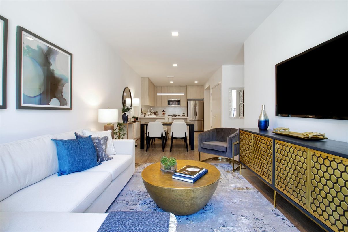 Dining room, Interior, Kitchen, Living room, Recessed Lighting, Stainless Steel Appliances, Wood Texture Flooring